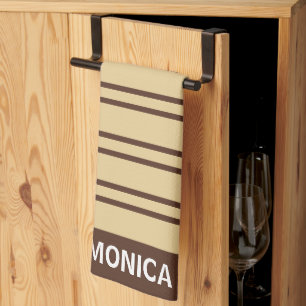 Elegant Beige &Brown Stripes Pattern Custom Name Tea Towel
