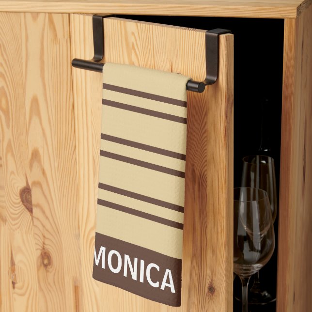 Elegant Beige &Brown Stripes Pattern Custom Name Tea Towel (Thirds Fold)