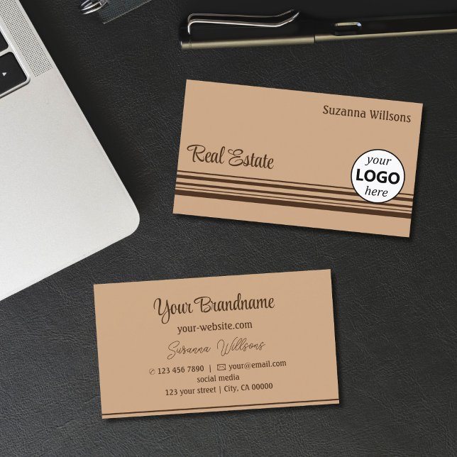 Elegant Beige Brown Stripes with Logo Professional Business Card (Creator Uploaded)