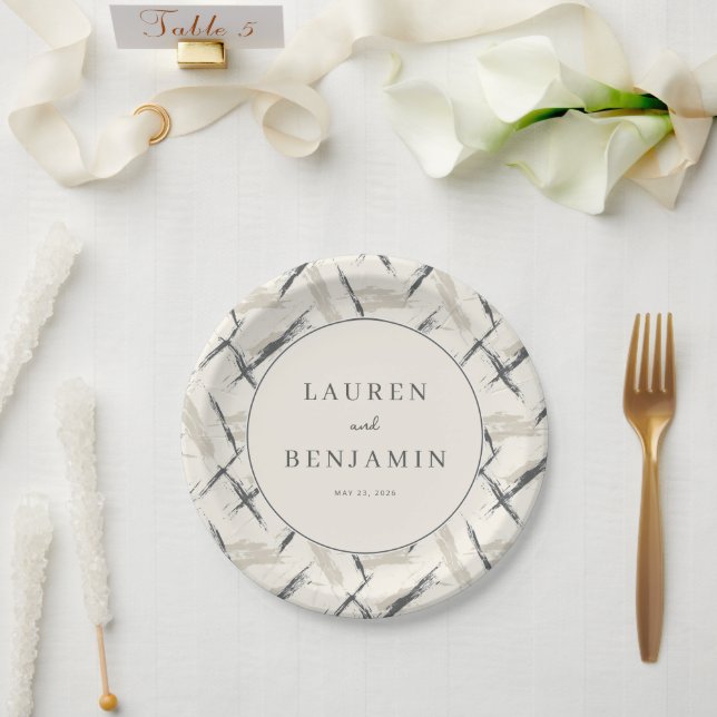 Elegant Beige Brushstroke Circle Paper Plate (Wedding)