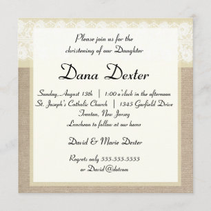 Elegant Beige Burlap Lace Baptism Invitation