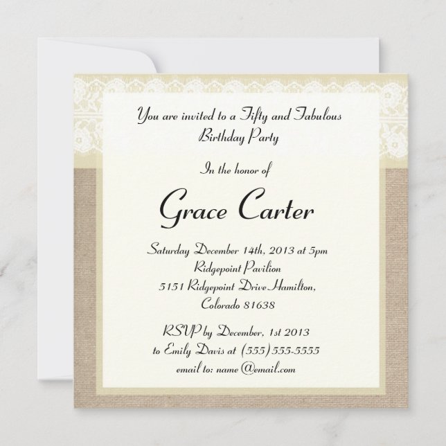 Elegant Beige Burlap Lace Birthday Invitation (Front)