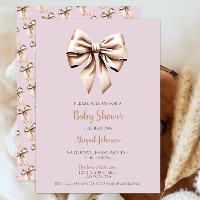 Elegant Beige Coquette Bow Baby Shower Invitation (Elegant Beige Coquette Bow Baby Shower Invitation, Baby Girl Shower, Modern Script, Classic Chic)
