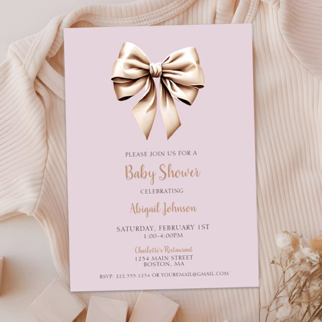 Elegant Beige Coquette Bow Baby Shower Invitation (Elegant Beige Coquette Bow Baby Shower Invitation, Baby Girl Shower, Modern Script, Classic Chic)