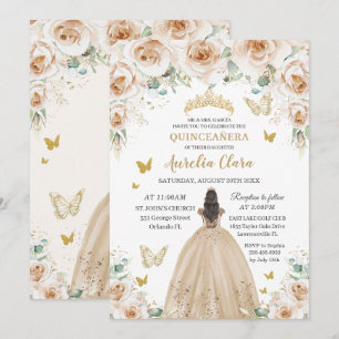 Elegant Beige Cream Floral Gold Quinceañera 16th  Invitation