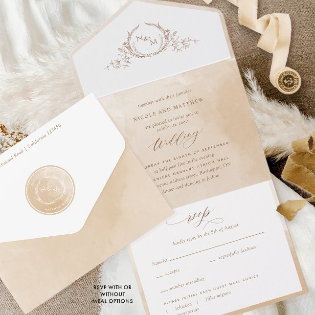 Elegant Beige Cream Watercolor Monogram Wedding Al All In One Invitation (Creator Uploaded)