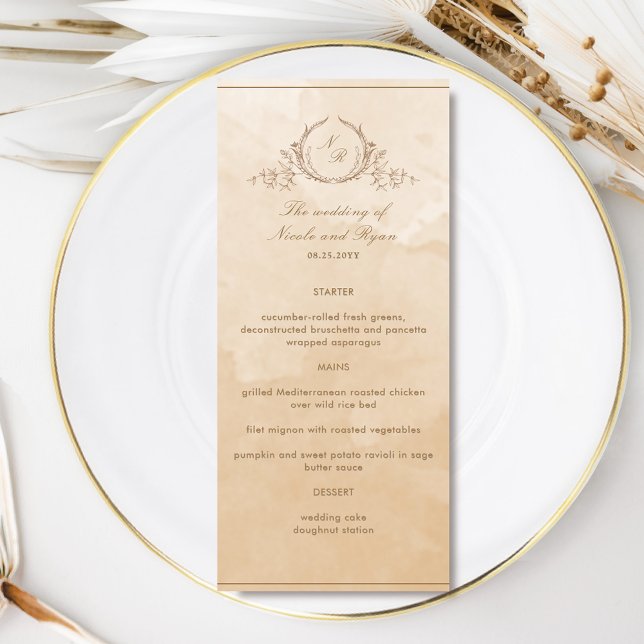Elegant Beige Cream Watercolor Monogrammed Wedding Menu (Creator Uploaded)