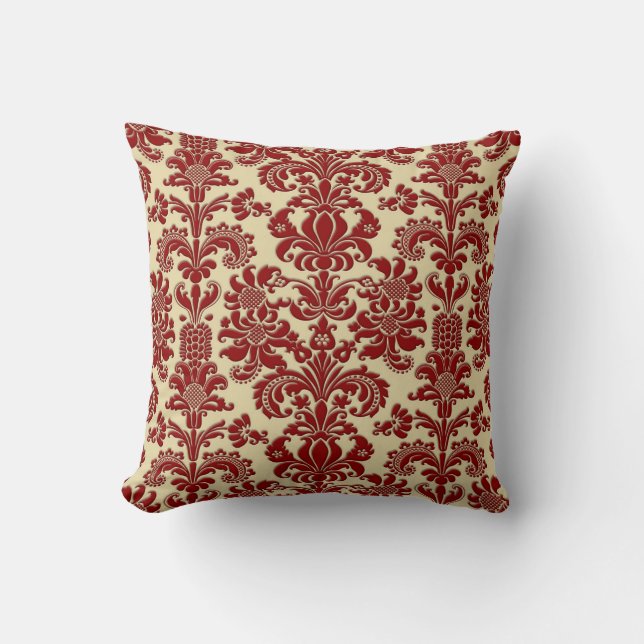 Elegant Beige & Crimson Red Vintage Damasks Cushion (Front)