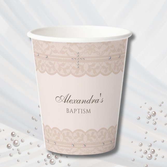 Elegant Beige Cross Christening Christian Baptism Paper Cups (Creator Uploaded)
