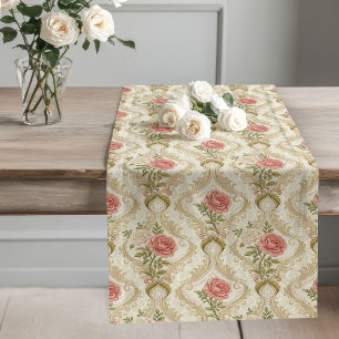 Elegant Beige Damask Blush Roses Victorian Inspire Long Table Runner