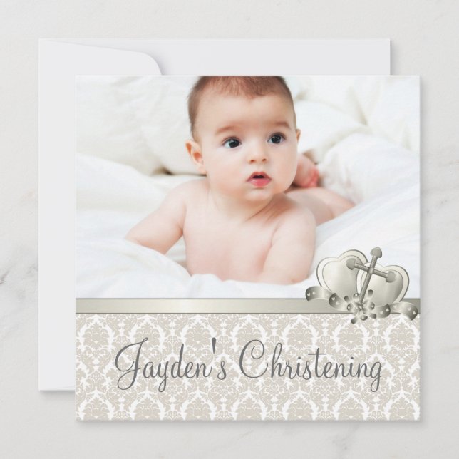Elegant Beige Damask Boys Photo Christening Invitation (Front)