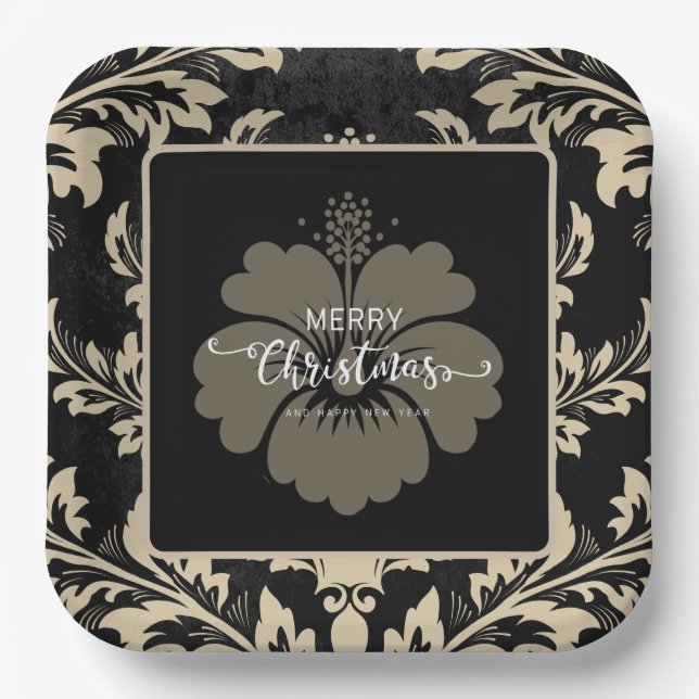 Elegant beige damask Christmas custom Paper Plates (Front)