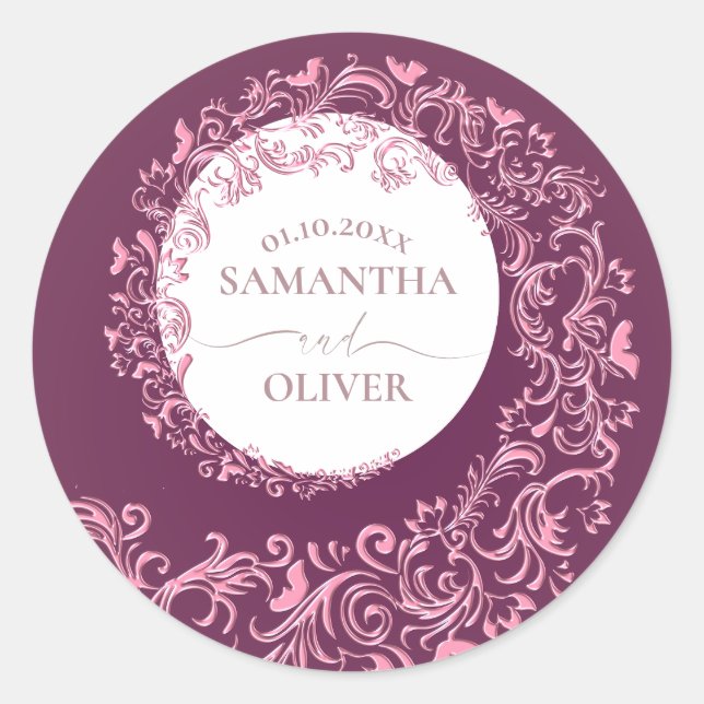 Elegant Beige Damask Wedding Classic Round Sticker (Front)