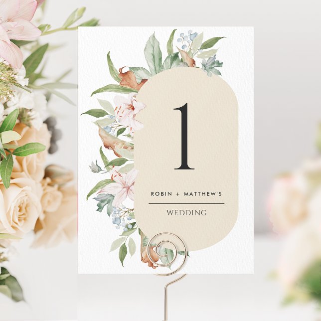 Elegant Beige, Earthy Blooms Wedding Table Number (Creator Uploaded)