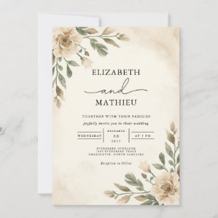 Elegant Beige Floral Botanical Wedding Invitation