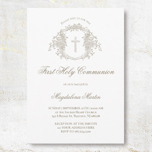 elegant beige floral crest   First Holy Communion Invitation