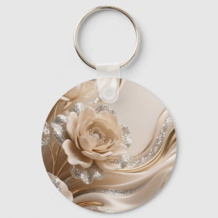 Elegant Beige Floral Glitter Waves Key Ring