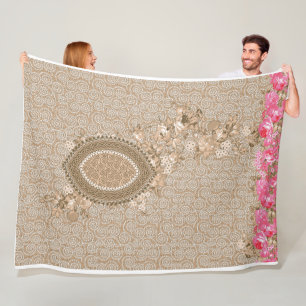 Elegant Beige Floral Medallion Fleece Blanket 