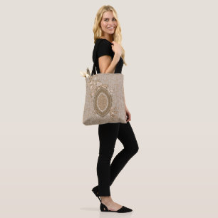 Elegant Beige Floral Medallion Tote Bag