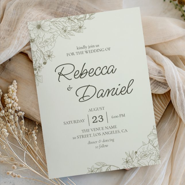 Elegant Beige Floral Minimalist Script Wedding Invitation (Creator Uploaded)