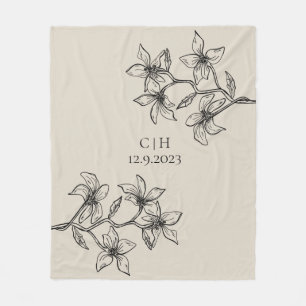 Elegant Beige Floral Monogram Wedding Fleece Blanket