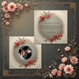 Elegant beige floral vintage rose wedding photo thank you card