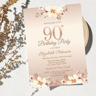 Elegant Beige Flowers 90th Birthday Invitation