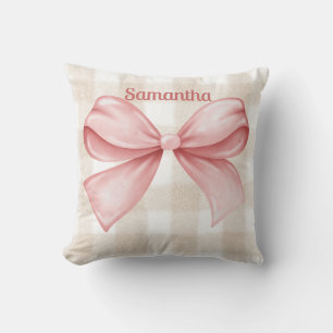 Elegant Beige Gingham with Pink Bow Accent Custom Cushion
