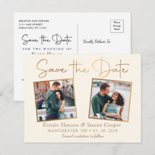 Elegant Beige Gold 2 Photo Save The Date Postcard