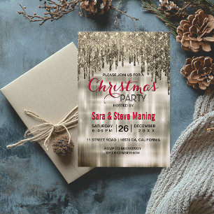 Elegant beige gold dripping glitter Christmas  Invitation