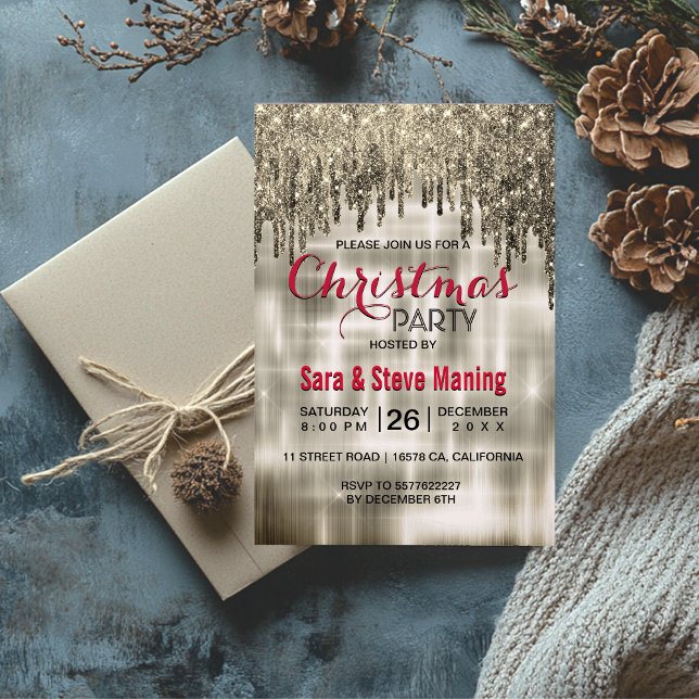 Elegant beige gold dripping glitter Christmas  Invitation (Creator Uploaded)