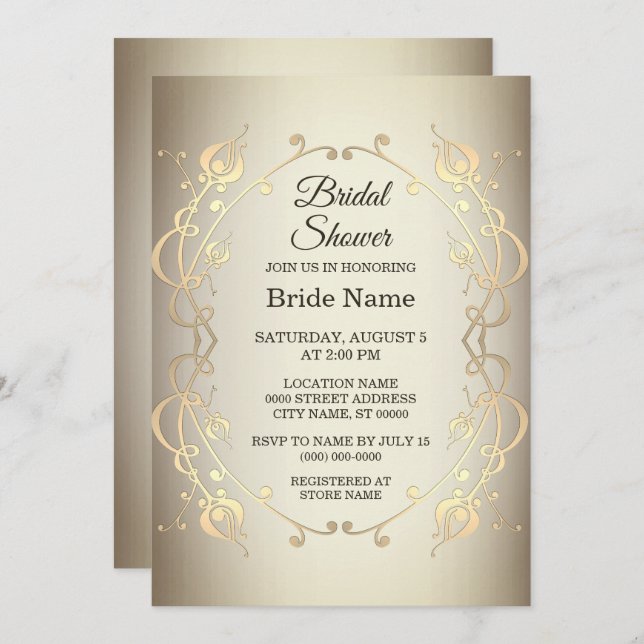 Elegant Beige Gold Floral Bridal Shower Invitation (Front/Back)