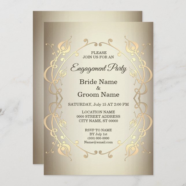 Elegant Beige Gold Floral Engagement Invitation (Front/Back)