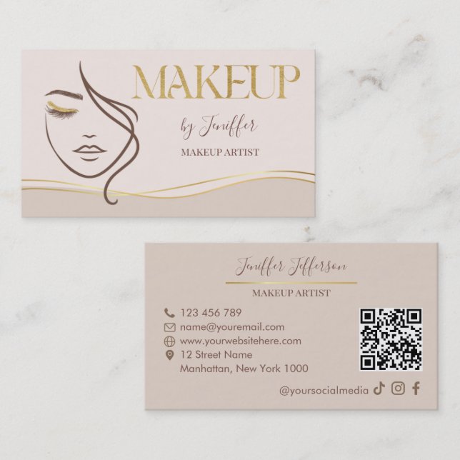 Elegant Beige & Gold Makeup Artist Bussines card (Front/Back)