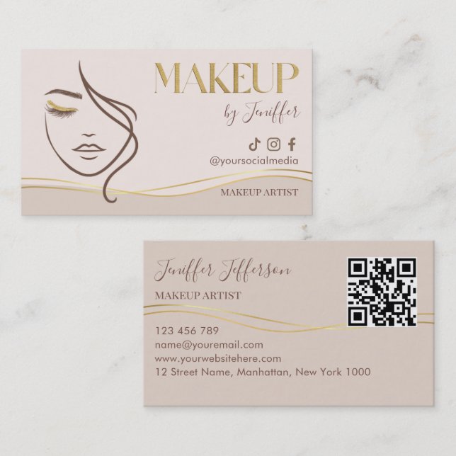 Elegant Beige & Gold Makeup Artist Bussines card (Front/Back)