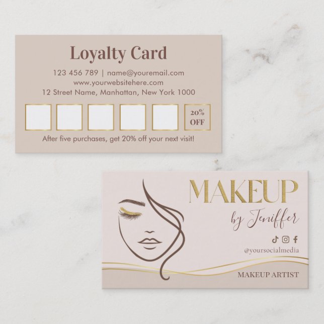 Elegant Beige & Gold Makeup Artist Loyalty Card (Front/Back)