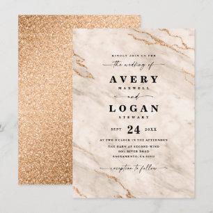 Elegant Beige & Gold Marble & Glitter Wedding Invitation