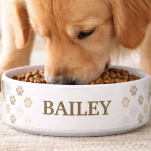 Elegant Beige Gold Paw Print Pet Name Bowl