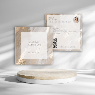 Elegant Beige Gold Watercolor QR Notary Public  Square Business Card