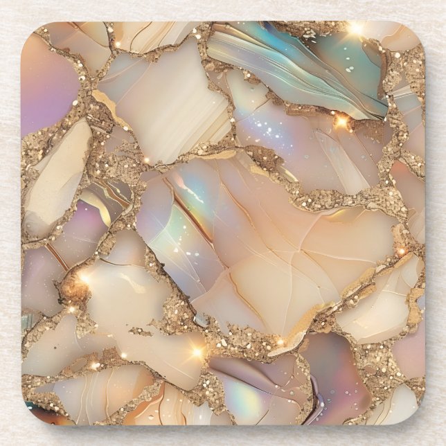 Elegant Beige Holographic Glitter Alcohol Ink Coaster (Front)