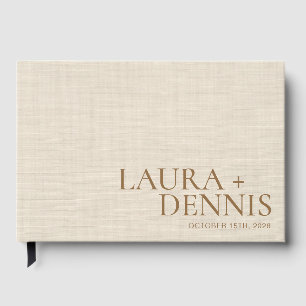 Elegant Beige Linen Script Couple Name Wedding Guest Book