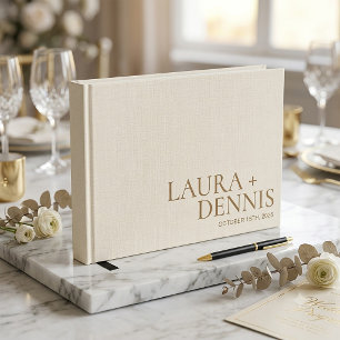 Elegant Beige Linen Script Couple Name Wedding Guest Book