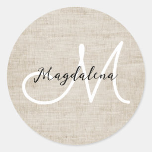 Elegant beige linen texture classic round sticker