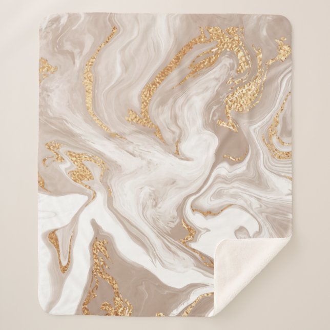 Elegant beige liquid marble with golden glitter sherpa blanket (Front)
