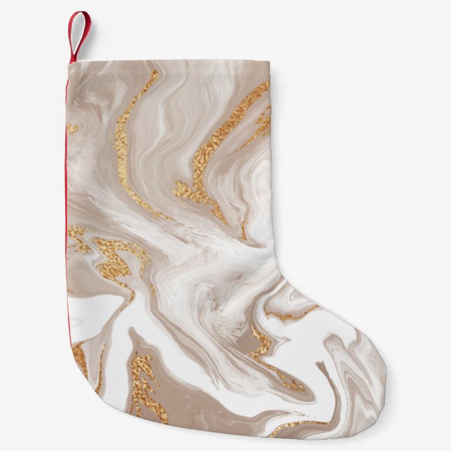 Elegant beige liquid marble with golden glitter small christmas stocking (Front)