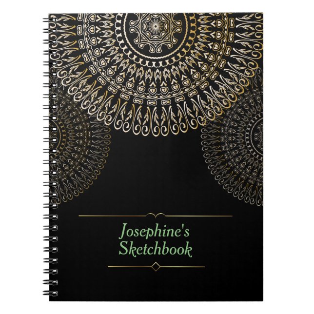 Elegant Beige Mandala Personalised Name black Notebook (Front)