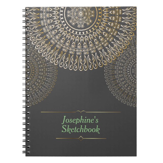 Elegant Beige Mandala Personalised Name dark grey  Notebook (Front)