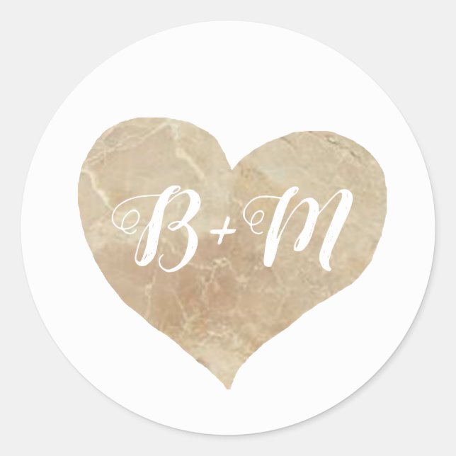 elegant beige marble heart with monogram classic round sticker (Front)