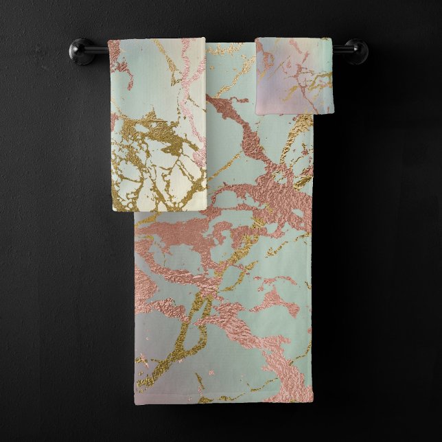 Elegant Beige Marble | Mint Sage Green Rose Gold Bath Towel Set (Creator Uploaded)