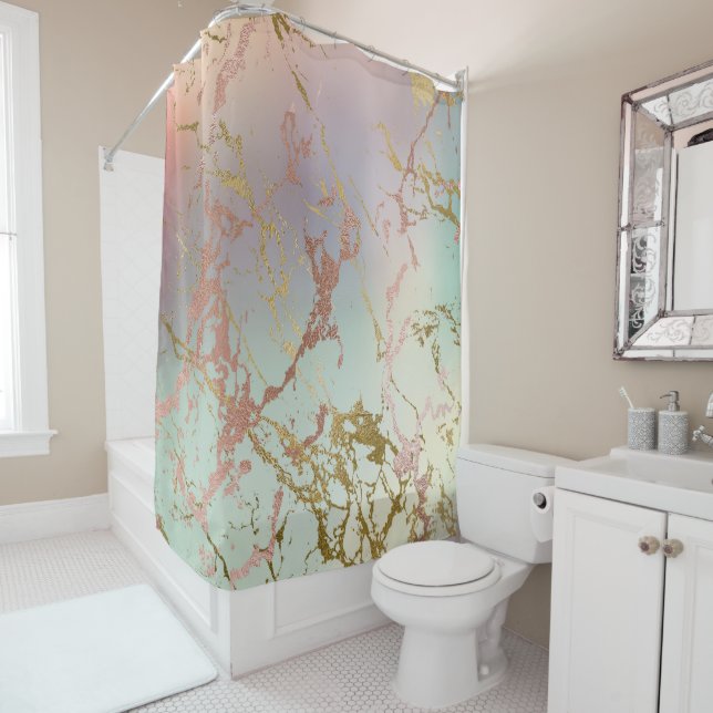 Elegant Beige Marble | Mint Sage Green Rose Gold Shower Curtain (In Situ)